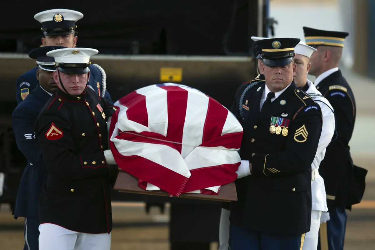An armed forces color guard carries a casket containing the body of Sen. Dianne Feinstein (D-Calif.) at San Francisco International Airport in San Francisco on Sept. 30, 2023. (D. Ross Cameron/AP Photo)