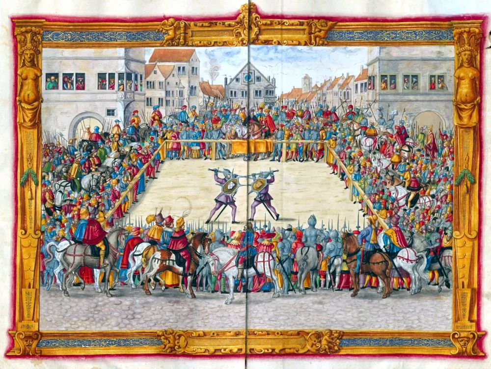 A judicial duel, a.k.a. trial by combat, takes place between two men in Augsburg, Germany, in 1409. One of France’s most famous trials by combat was between a dog and the man who had murdered his master. (Public Domain)