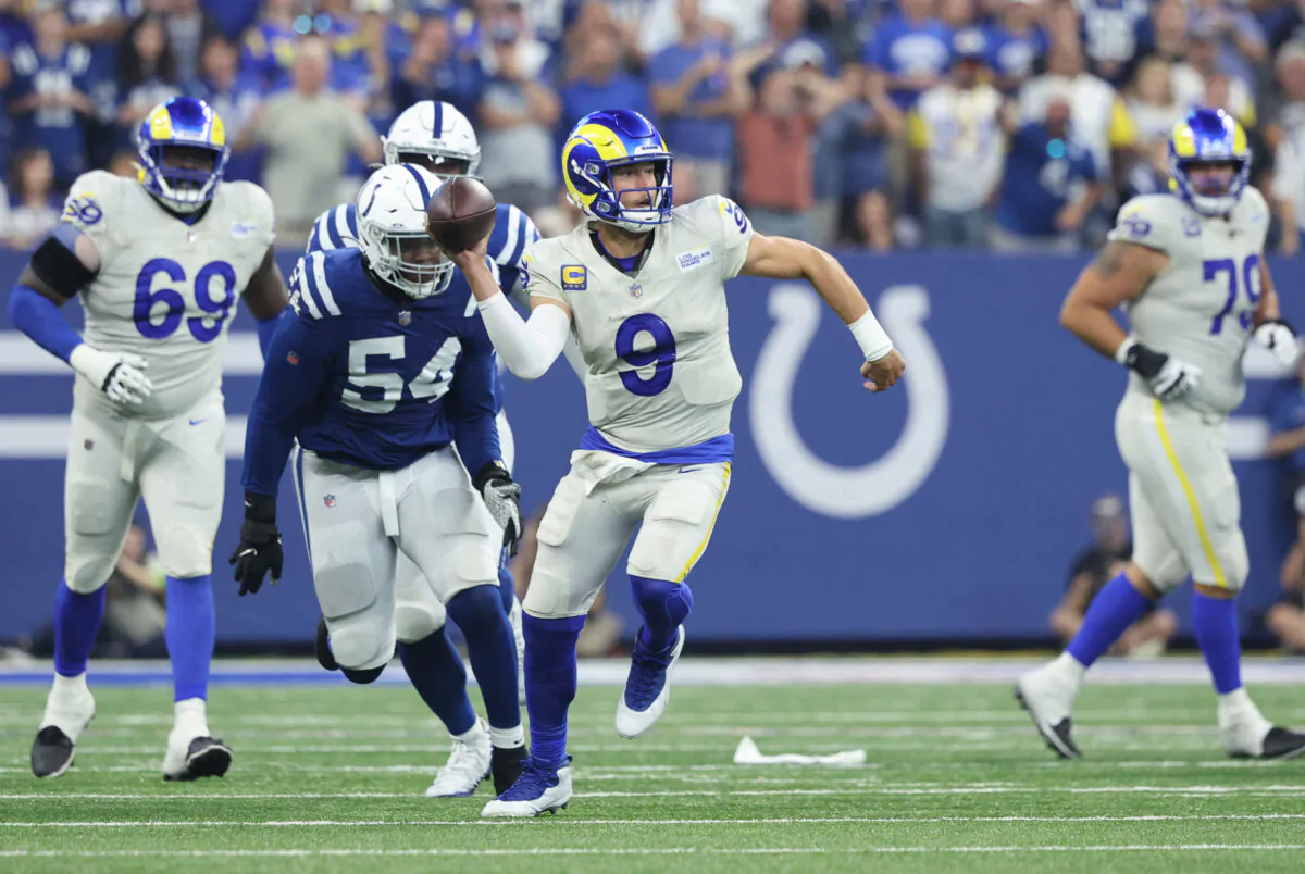 Matthew Stafford (9) of the Los Angeles Rams passes against the Indianapolis Colts during the fourth quarter at Lucas Oil Stadium in Indianapolis on Oct. 1, 2023. (Michael Hickey/Getty Images)