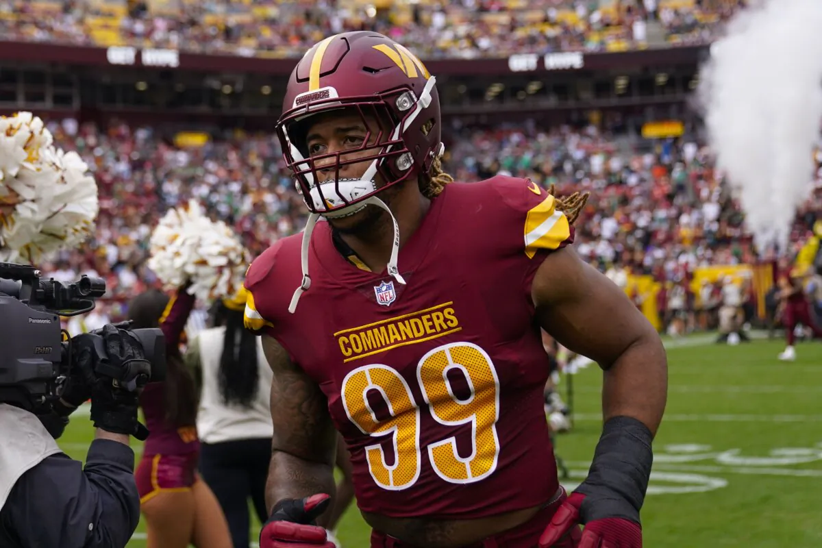 Washington Commanders defensive end Chase Young (99) taking the field before the start of the first half of an NFL football game against the Philadelphia Eagles in Landover, Md., on Oct. 29, 2023(/Alex Brandon/AP Photo)