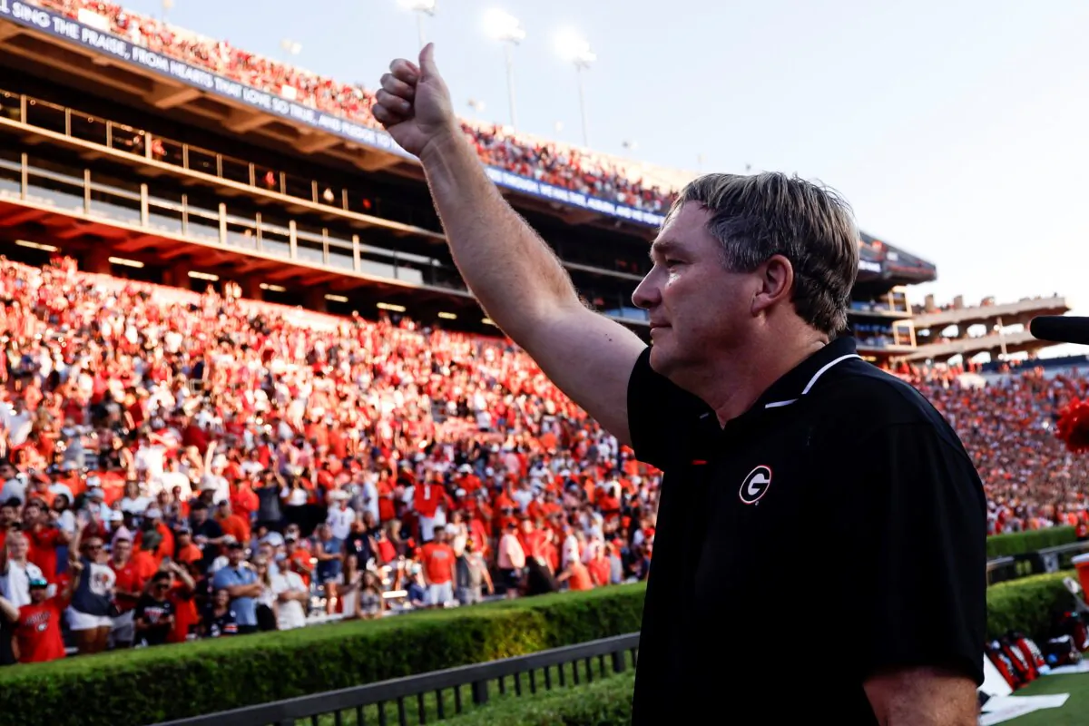 Georgia head coach Kirby Smart thanks the fans after defeating Auburn during the second half of an NCAA football game in Auburn, Ala., on Sept. 30, 2023. (Butch Dill/AP Photo)