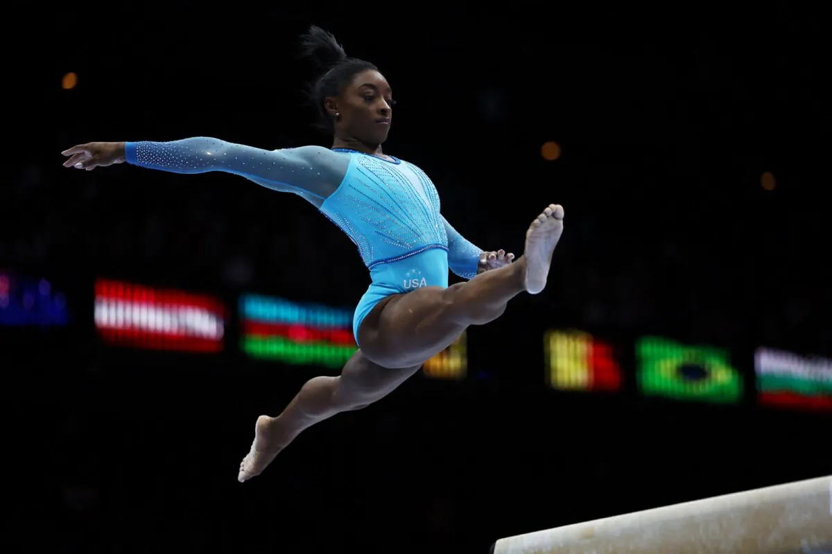 Simone Biles of the U.S. in action during the women's qualification 2023 at World Artistic Gymnastics Championships, Sportpaleis, in Antwerp, Belgium, on Oct. 1, 2023. (Yves Herman/Reuters)