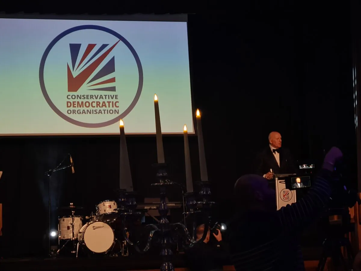 Baron Cruddas speaks during the Conservative Democratic Organisation's black tie gala at the Kimpton Clocktower Hotel in Manchester. Taken: October 1st 2023. (Joseph Robertson/The Epoch Times)