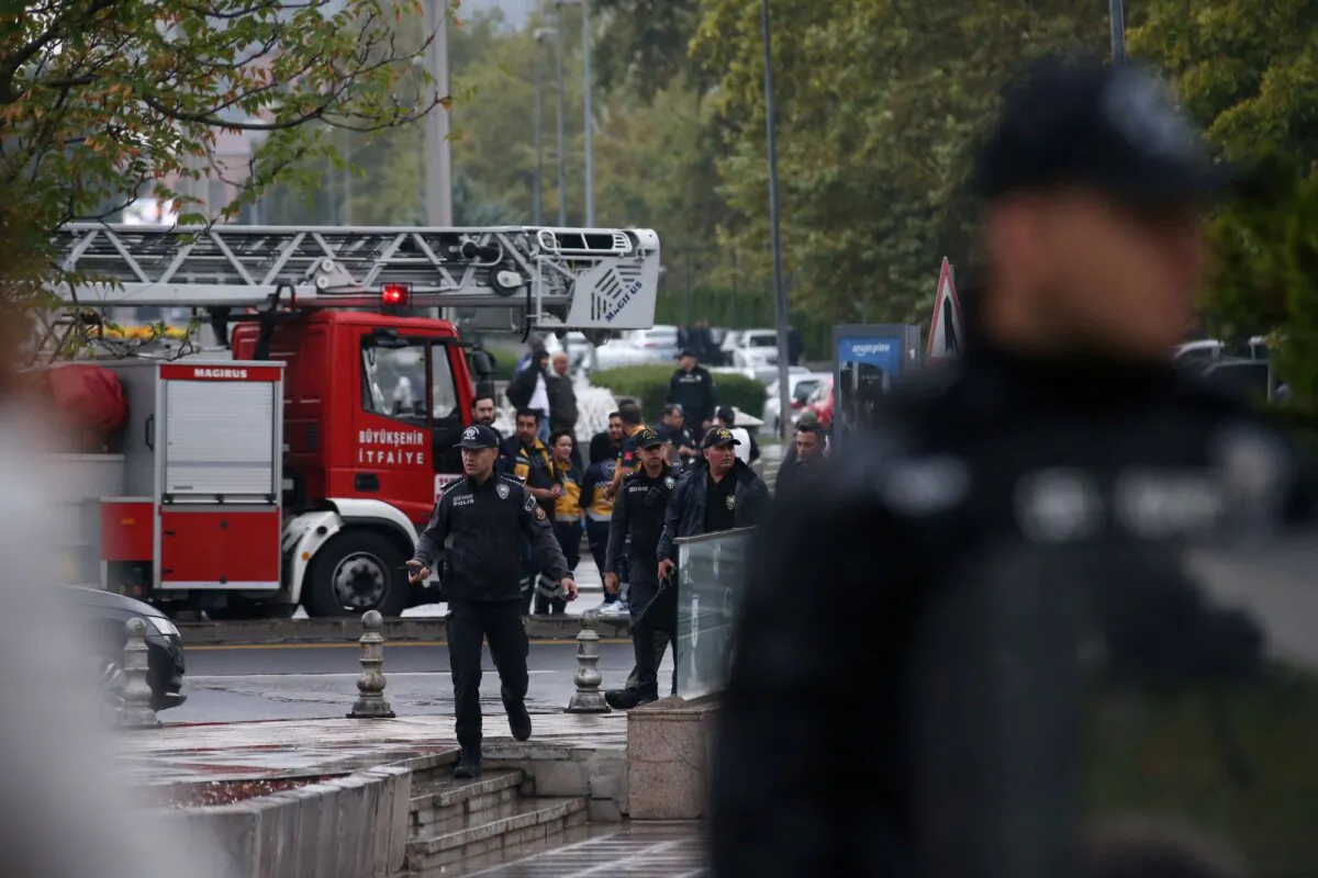 Police officers secure an area near the Interior Ministry following a bomb attack in Ankara, Turkey, on Oct. 1, 2023. (Cagla Gurdogan/Reuters)