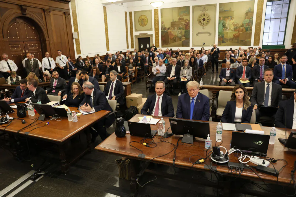 Former President Donald Trump (3R) appears in the courtroom with his lawyers for the start of his civil fraud trial at New York State Supreme Court, on Oct. 2, 2023. (Brendan McDermid-Pool/Getty Images)
