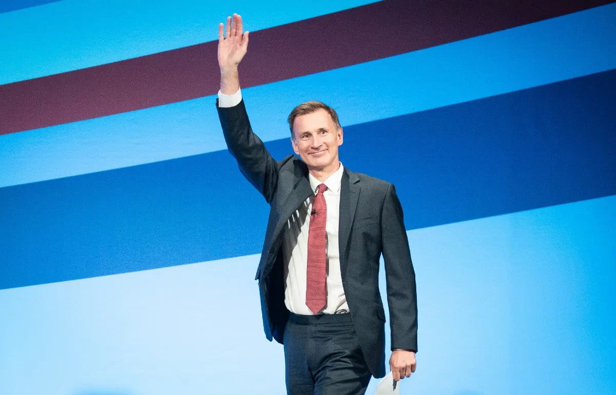 Chancellor of the Exchequer Jeremy Hunt arrives on stage to deliver his keynote speech to the Conservative Party annual conference in Manchester on Oct. 2, 2023. (PA Media)