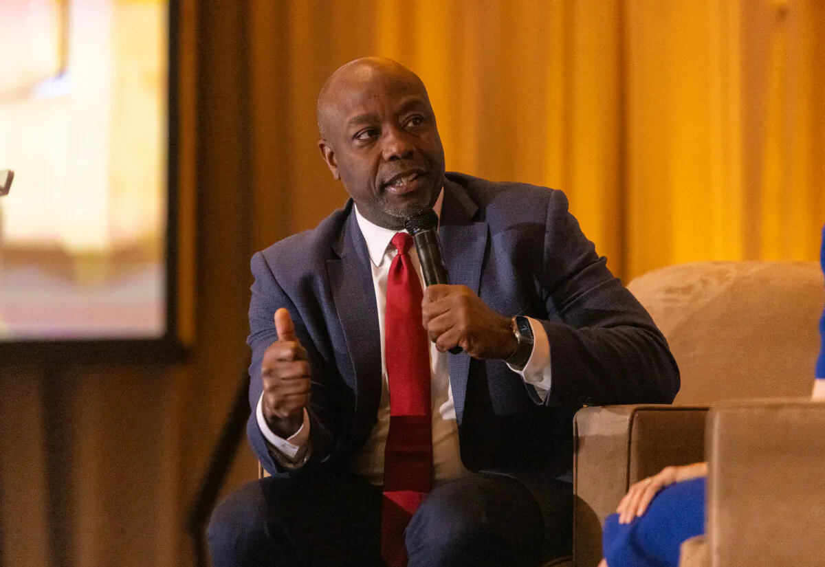 GOP presidential candidate Tim Scott speaks at the 2023 CAGOP convention in Anaheim, Calif., on Sept. 29, 2023. (John Fredricks/The Epoch Times)