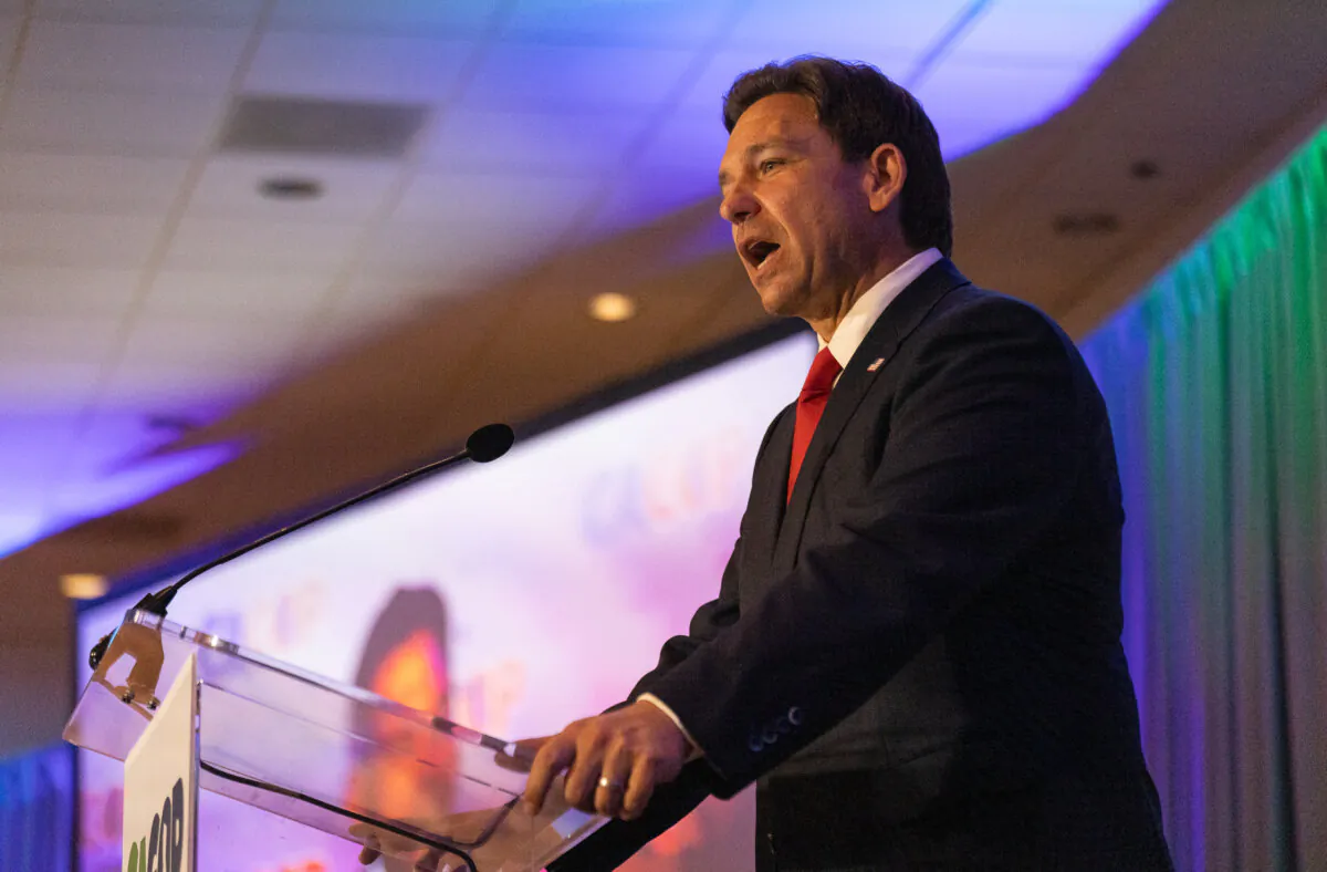Florida Governor and presidential candidate Ron DeSantis speaks at the 2023 CA GOP conference in Anaheim, Calif., on Sept. 29, 2023. (John Fredricks/The Epoch Times)