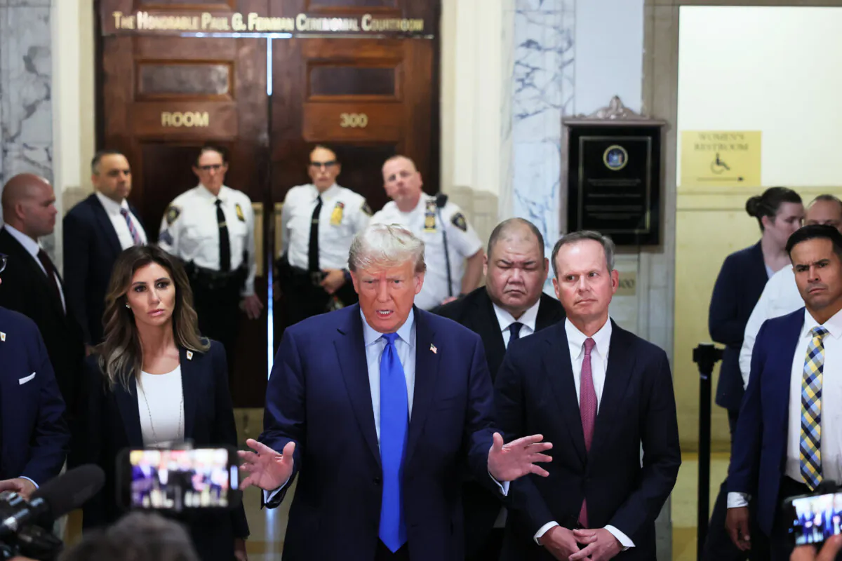 Former President Donald Trump speaks to the media as he arrives for the start of his civil fraud trial at New York State Supreme Court in New York City on Oct. 2, 2023. (Michael M. Santiago/Getty Images)