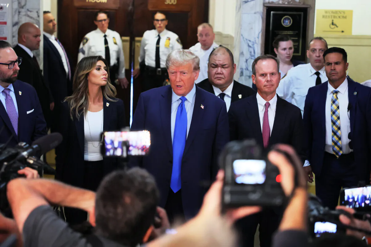 Former President Donald Trump speaks to the media as he arrives for the start of his civil fraud trial at New York State Supreme Court in New York City on Oct. 2, 2023. (Michael M. Santiago/Getty Images)