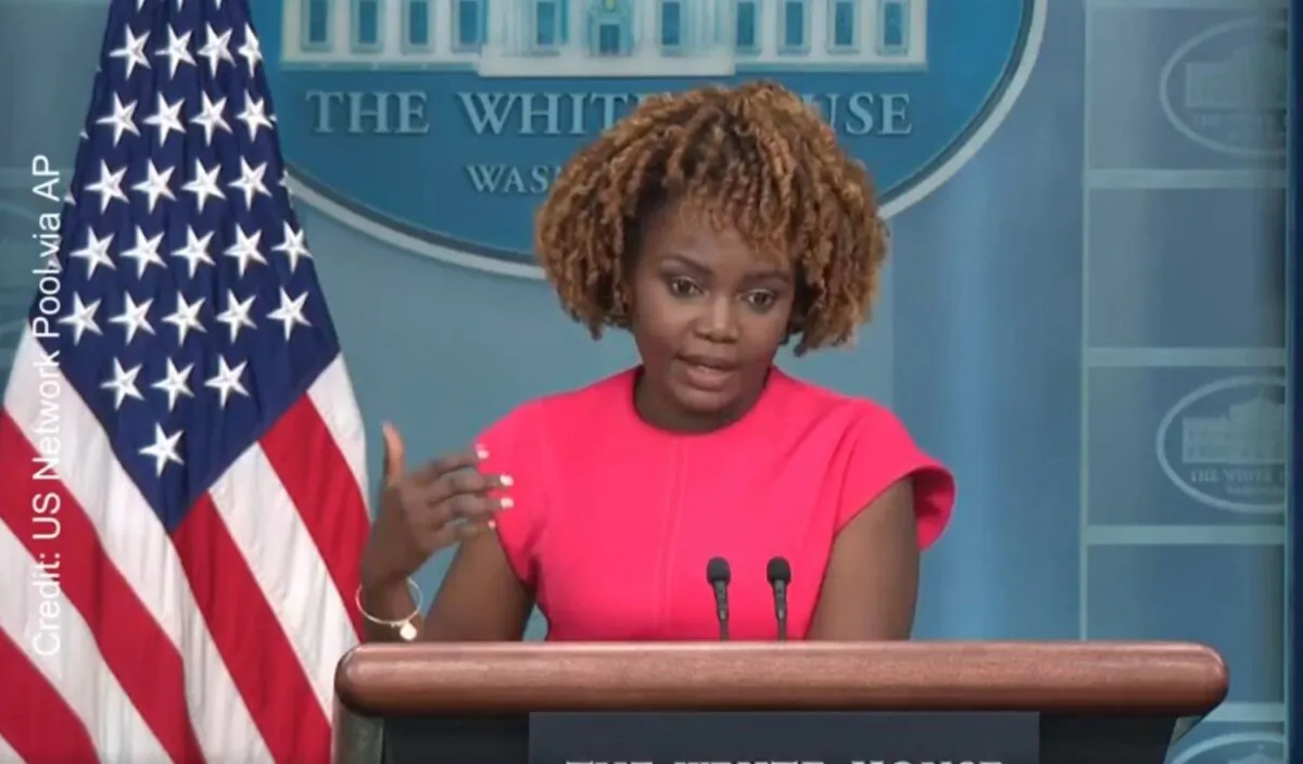 White House spokesperson Karine Jean-Pierre speaks to reporters in a press briefing on Oct. 2, 2023. (US Network Pool via AP)
