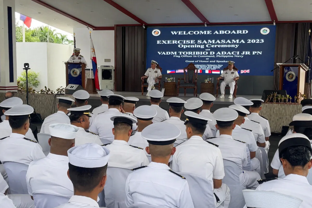 Philippine Navy Flag Officer-in-Command Vice Admiral Toribio Adaci Jr. speaks during the opening ceremony of Exercise SAMA SAMA 2023, the annual bilateral exercise between the Philippine and U.S. Navy, at the Philippine Navy Headquarters, in Manila, Philippines, on Oct. 2, 2023. (Jay Ereno /Reuters)