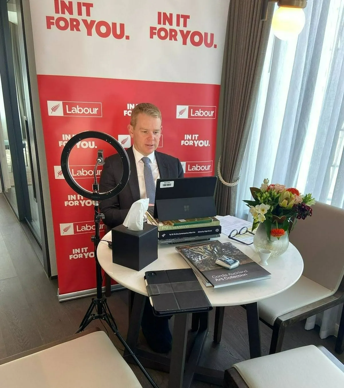NZ Prime Minister Chris Hipkins talks to media from isolation on Tuesday (Facebook/Chris Hipkins MP) 