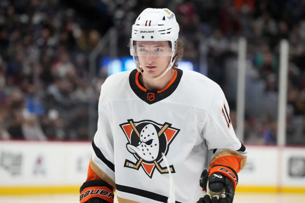 Anaheim Ducks' Trevor Zegras (11) plays in the second period of an NHL hockey game in Denver on Jan. 26, 2023. (David Zalubowski/AP Photo)