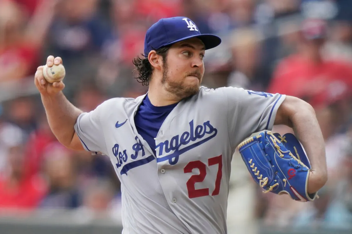 Los Angeles Dodgers starting pitcher Trevor Bauer (27) delivers in the first inning of a baseball game against the Atlanta Braves in Atlanta on June 6, 2021. (Brynn Anderson/AP Photo)