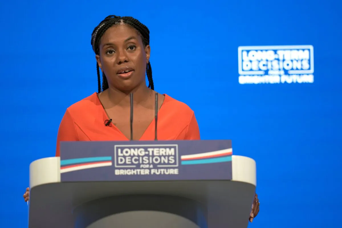 Kemi Badenoch MP, secretary of state for business and trade, speaks during the second day of the the Conservative Party Conference in Manchester, England, on Oct. 2, 2023. (Christopher Furlong/Getty Images)