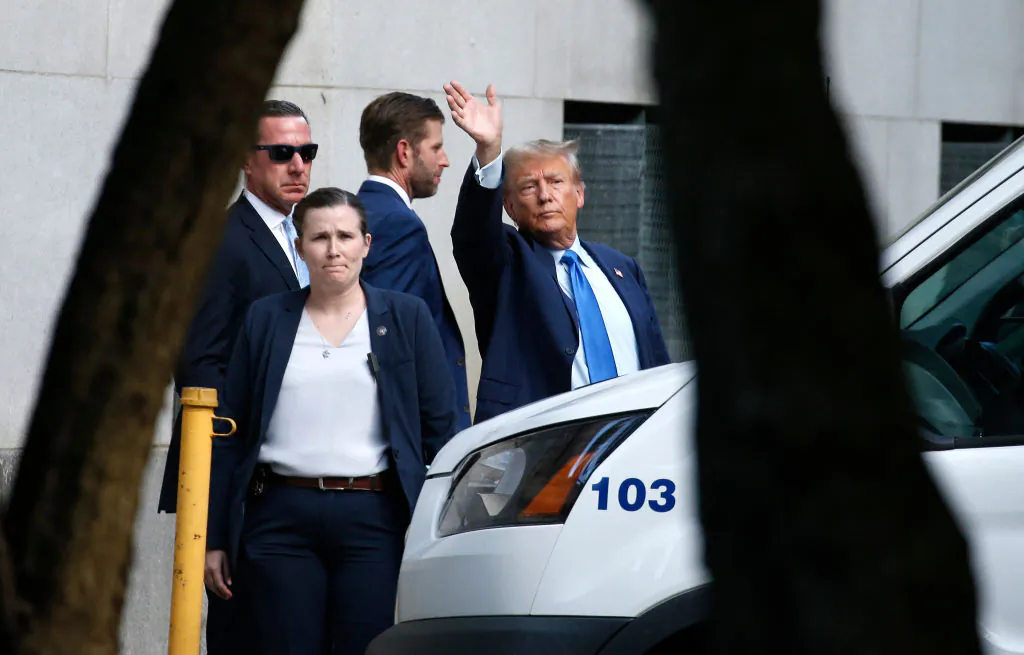 Former U.S. President Donald Trump departs following the first day of his civil fraud trial at the New York State Supreme Court in New York City on Oct. 2, 2023. Trump appeared in a New York court on Monday to face civil fraud charges, denouncing the case as a 'sham' intended to torpedo his campaign to retake the White House. (John Lamparski/AFP via Getty Images)
