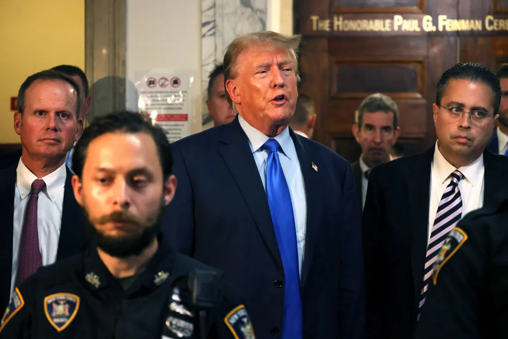 Former President Donald Trump makes a statement at the end the first day of his civil fraud trial at the New York State Supreme Court in New York City on Oct. 2, 2023. (Michael M. Santiago/Getty Images)