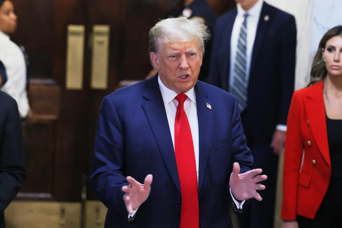 Former President Donald Trump speaks as he arrives for the second day of his civil fraud trial at New York State Supreme Court in New York, on Oct. 3, 2023. (Michael M. Santiago/Getty Images)