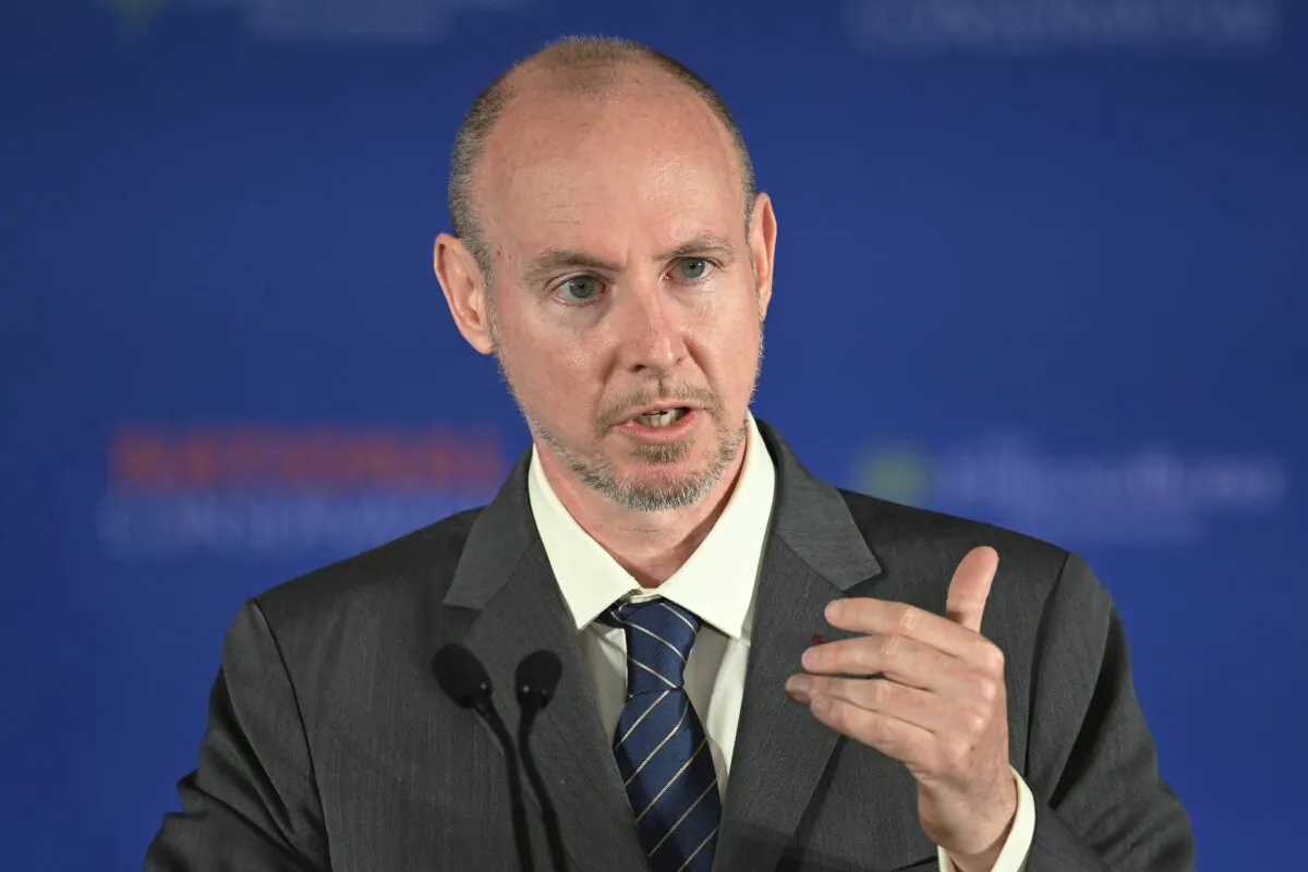 Adviser to the UK Board of Trade Daniel Hannan address delegates during the second day of the National Conservatism conference at The Emmanuel Centre in London on May 16, 2023. (Leon Neal/Getty Images)