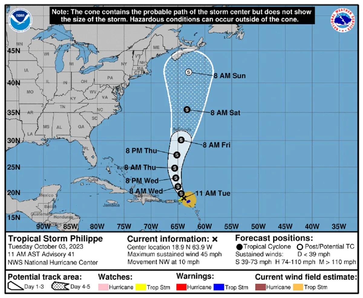 Probable path of Tropical Storm Philippe at 11 am ET on Oct. 3, 2023. (NOAA)