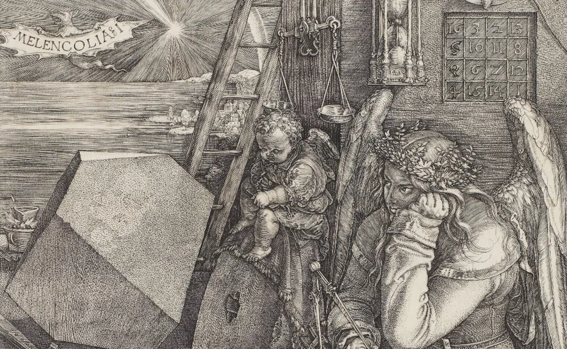 “Melencolia I” (cropped), 1514, by Albrecht Dürer. Engraving. 9 5/8 inches by 7 9/16 inches. National Gallery of Art, Washington, D.C. (Public Domain)