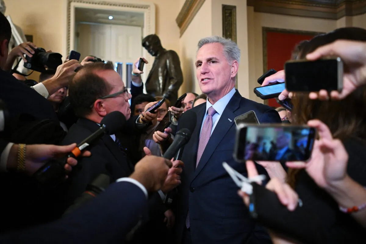 House Speaker Kevin McCarthy (R-Calif.) talks to reporters, outside his office at the U.S. Capitol in Washington on Oct. 3, 2023. (Mandel Ngan/AFP via Getty Images)