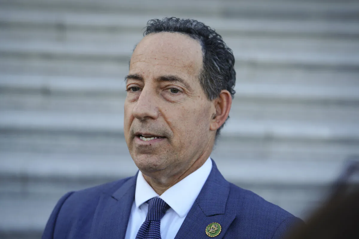 Rep. Jamie Raskin (D-Md.) speaks to reporters on Capitol Hill in Washington on Oct. 3, 2023. (Madalina Vasiliu/The Epoch Times)
