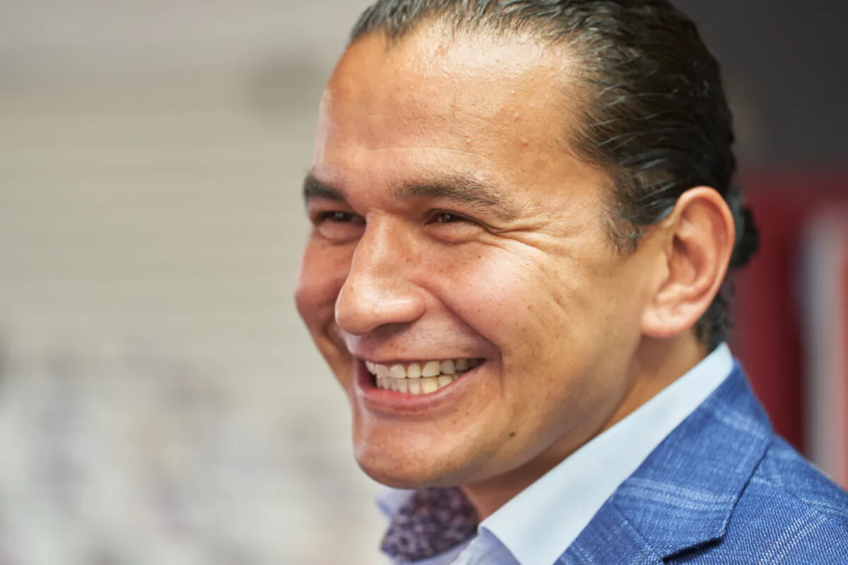 Manitoba NDP leader Wab Kinew greets candidates and supporters at the St. Boniface campaign office on provincial election day in Winnipeg on Oct. 3, 2023. (The Canadian Press/David Lipnowski)