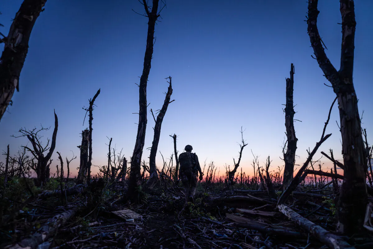Ukrainian soldiers walk through a charred forest at the front line near Donetsk, Ukraine, on Sept. 16, 2023. (Mstyslav Chernov/AP)