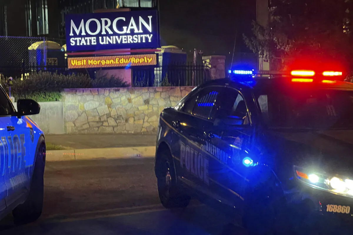 Baltimore police respond to a shooting at Morgan State University, in Balitmore on Oct. 3, 2023. (Jerry Jackson/The Baltimore Sun via AP)