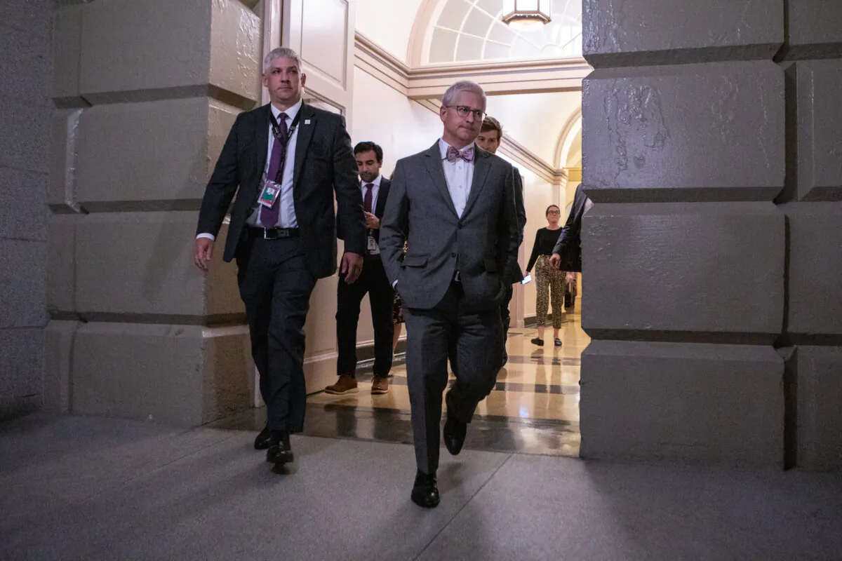 Rep. Patrick McHenry (R-N.C.) arrives for a Republican Conference meeting shortly after the motion to vacate Kevin McCarthy's position as Speaker of the House passes on Capitol Hill in Washington on Oct. 3, 2023. Mr. McHenry will serve as interim speaker until a new Speaker of the House is elected next week. (Anna Rose Layden/Getty Images)
