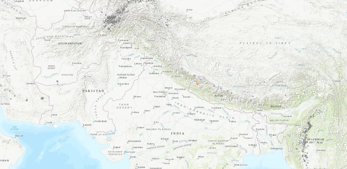 A map shows the location of earthquakes, of magnitude 6.3 and 5.3, that struck about half an hour apart in the Bajhang district in Nepal bordering India on Sept. 3, 2023. (USGS/Screenshot via The Epoch Times)