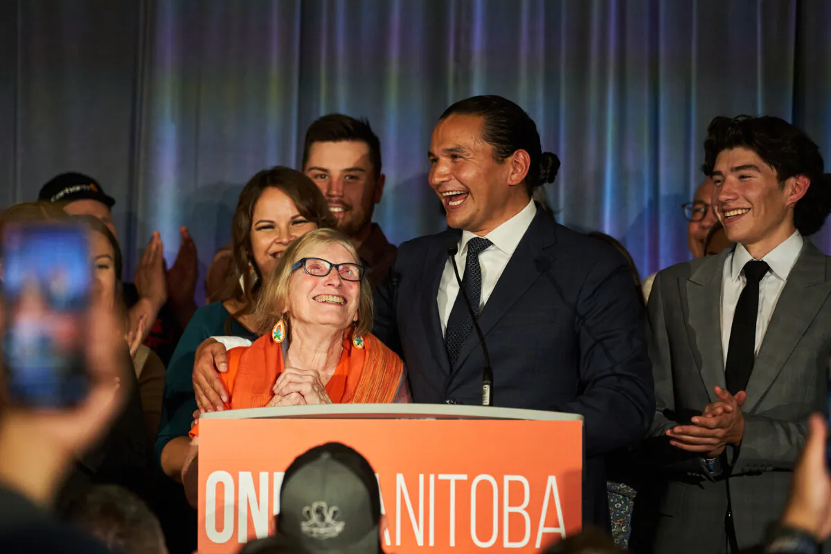Manitoba NDP leader Wab Kinew delivers his victory speech and wishes his mother, Kathi Avery Kinew, a happy birthday, after winning the Manitoba provincial election in Winnipeg on Oct. 3, 2023. (The Canadian Press/David Lipnowski)