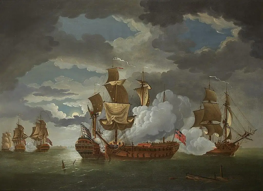 The battle between the frigates Bonhomme Richard, helmed by Capt. John Paul Jones, and the HMS Serapis, as painted in 1780  by Richard Paton. (Public Domain)