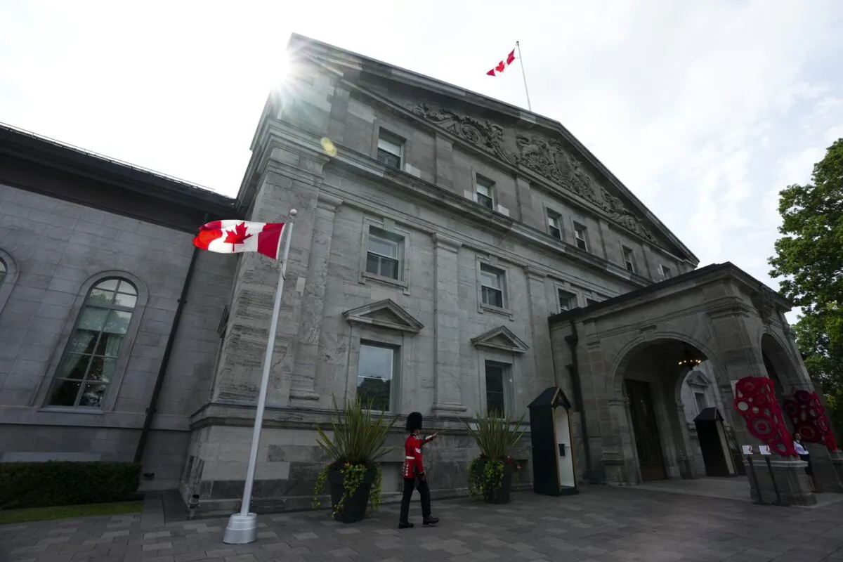 Members of the Ceremonial Guard perform sentry duties at Rideau Hall, the residence of the Governor General of Canada, in Ottawa on July 7, 2023. (The Canadian Press/Sean Kilpatrick)