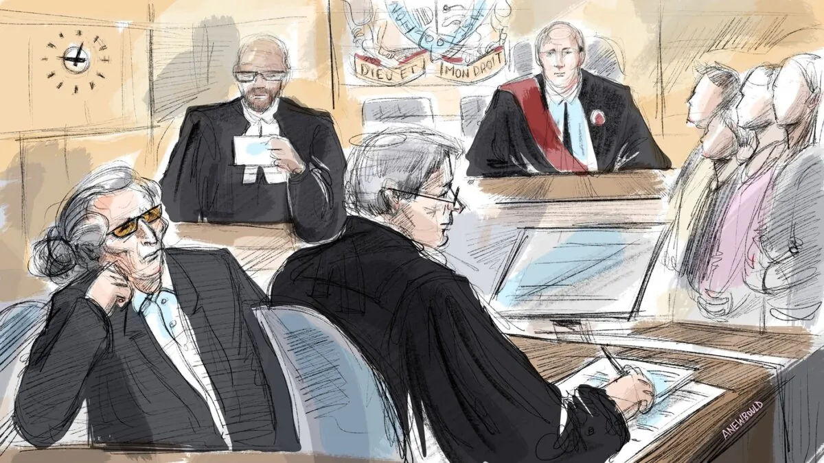 (L-R) Peter Nygard, the court clerk, Nygard's lawyer Brian Greenspan, Justice Robert Goldstein and jurors are seen in a court illustration made in Toronto, on Sept. 21, 2023. (The Canadian Press/Alexandra Newbould)