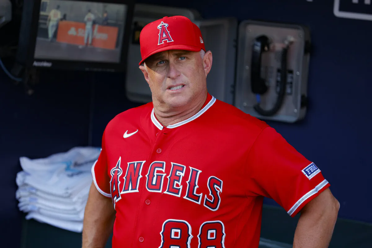 Manager Phil Nevin of the Los Angeles Angels looks on prior to the game against the Atlanta Braves at Truist Park in Atlanta, Georgia, on August 1, 2023. (Todd Kirkland/Getty Images) *** Local Caption *** Phil Nevin