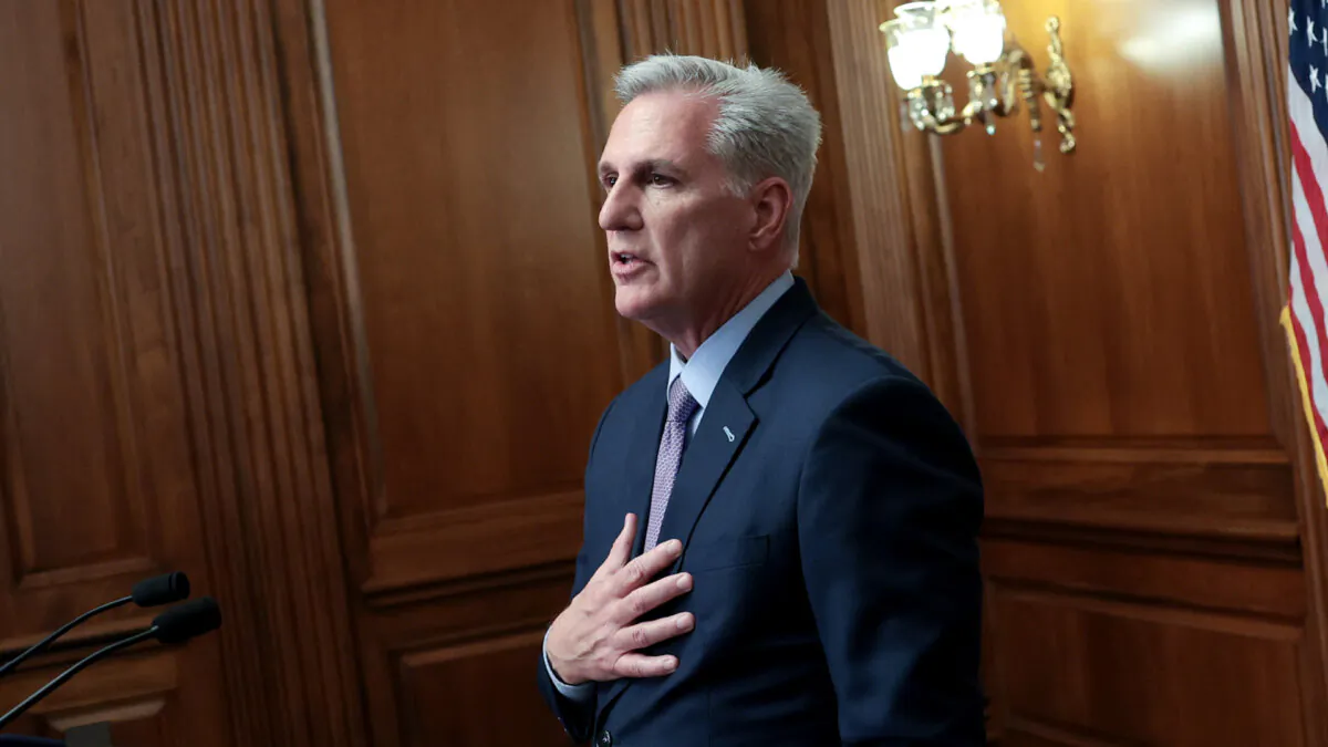 Rep. Kevin McCarthy (R-Calif.) answers questions at the Capitol after being ousted as House speaker, in Washington on Oct. 3, 2023. (Win McNamee/Getty Images)