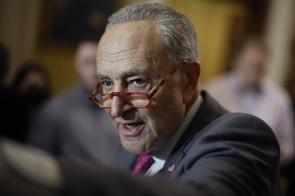Senate Majority Leader Chuck Schumer (D-N.Y.) talks to reporters following a Senate Democratic policy luncheon at the U.S. Capitol in Washington, on Oct. 4, 2023. (Chip Somodevilla/Getty Images)