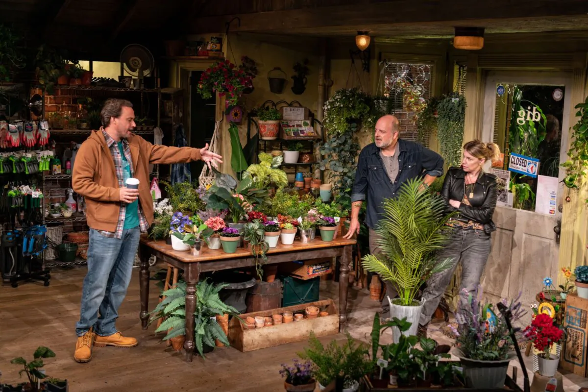 The three who work at the plant shop: (L–R) Everett (Greg Keller), Roger (Jeffrey Bean), and Megan (Andrea Syglowski), in Primary Stages's production of “Dig.” (James Leynse)