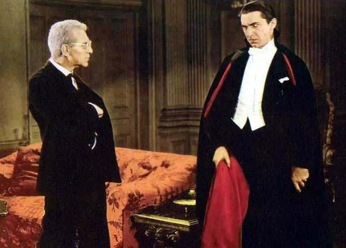 Lobby card for "Dracula," with Dracula (Bela Lugosi, R) and Van Helsing (Edward Van Sloan). (Public Domain)