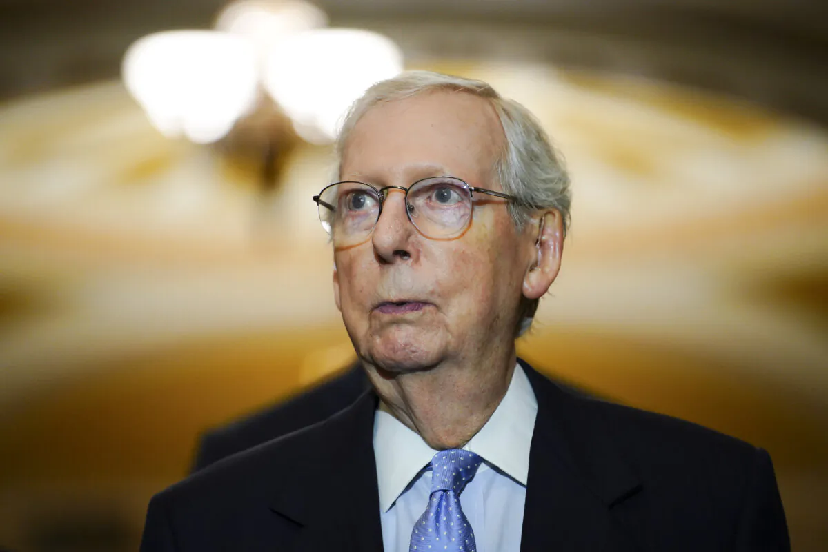 Sen. Mitch McConnell (R-Ky.) speaks to reporters in Washington, on Oct. 4, 2023. (Madalina Vasiliu/The Epoch Times)