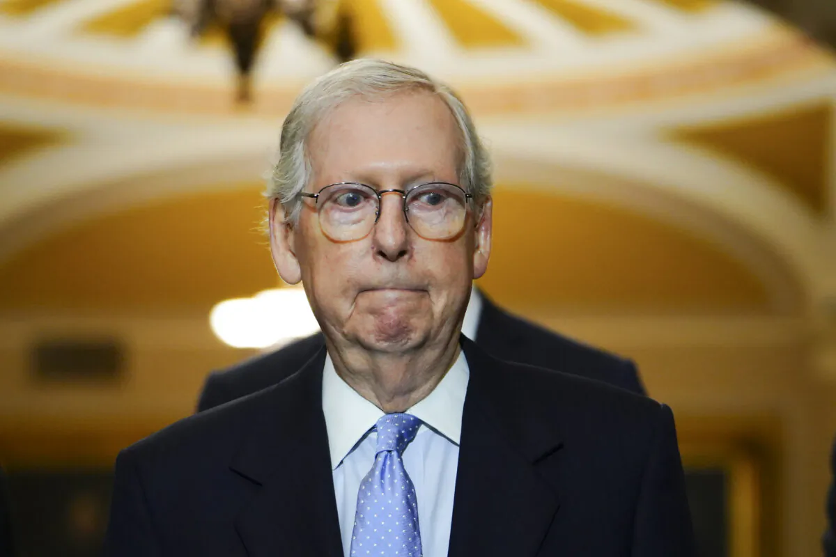 Sen. Mitch McConnell (R-Ky.) speaks to reporters in Washington on Oct. 4, 2023. (Madalina Vasiliu/The Epoch Times)