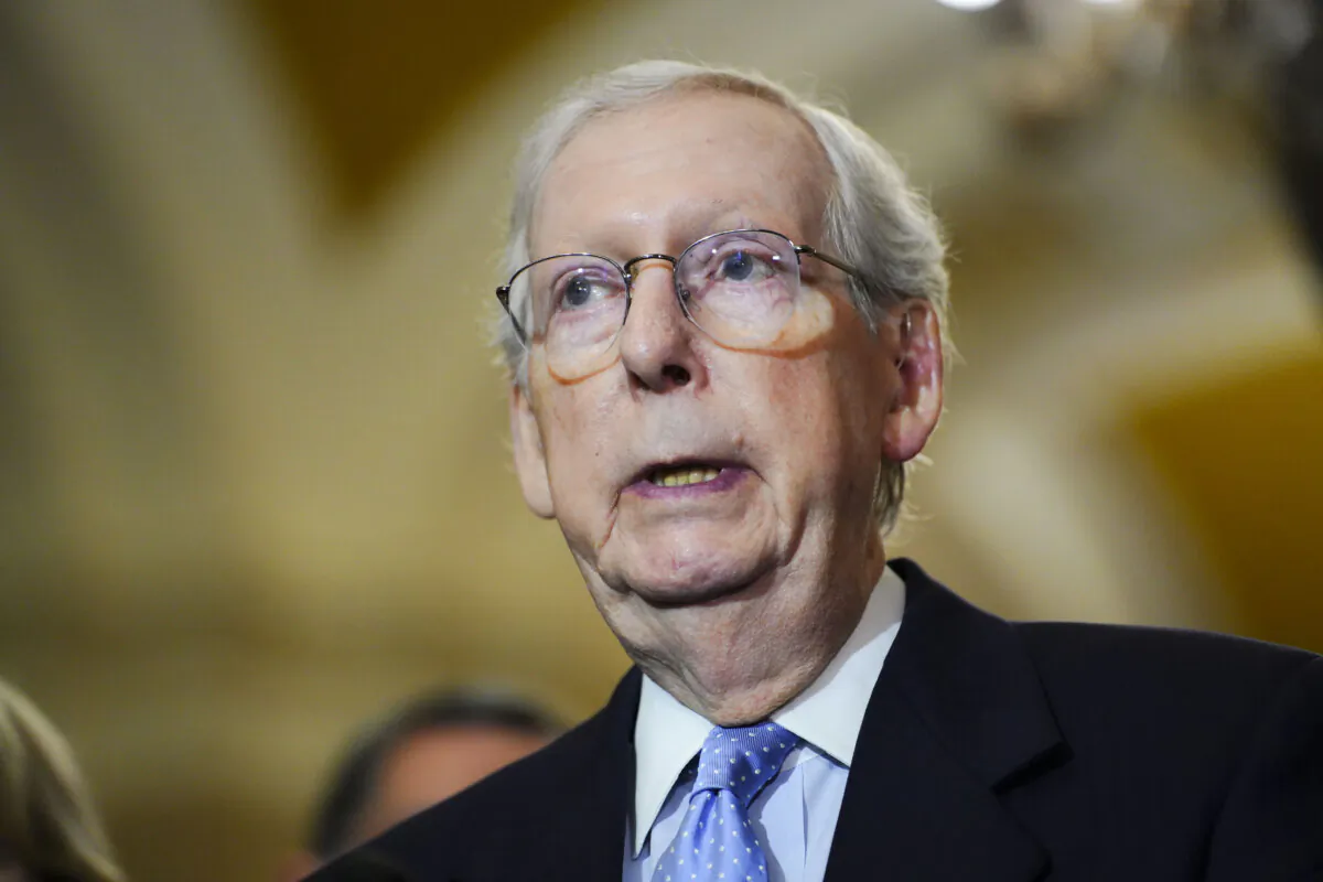 Senate Minority Leader Mitch McConnell (R-Ky.) speaks to reporters in Washington on Oct. 4, 2023. (Madalina Vasiliu/The Epoch Times)