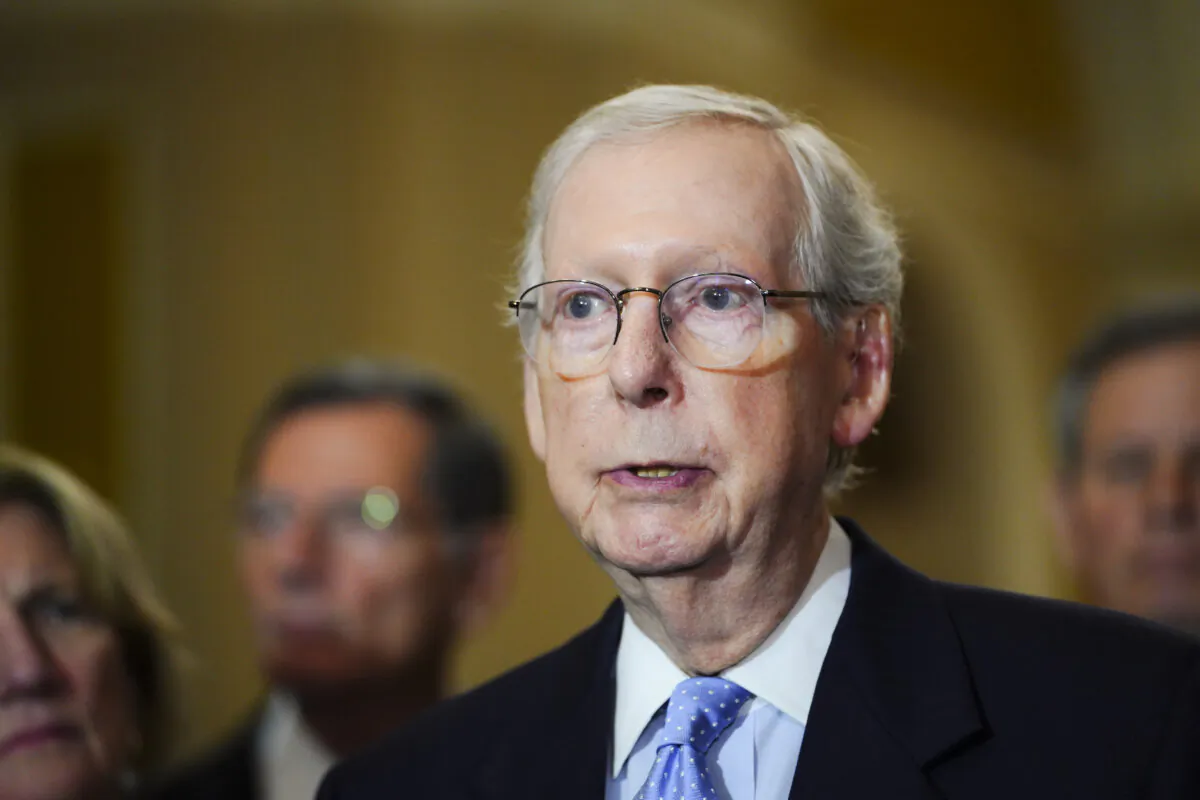 Sen. Mitch McConnell (R-Ky.) speaks to reporters in Washington on Oct. 4, 2023. (Madalina Vasiliu/The Epoch Times)