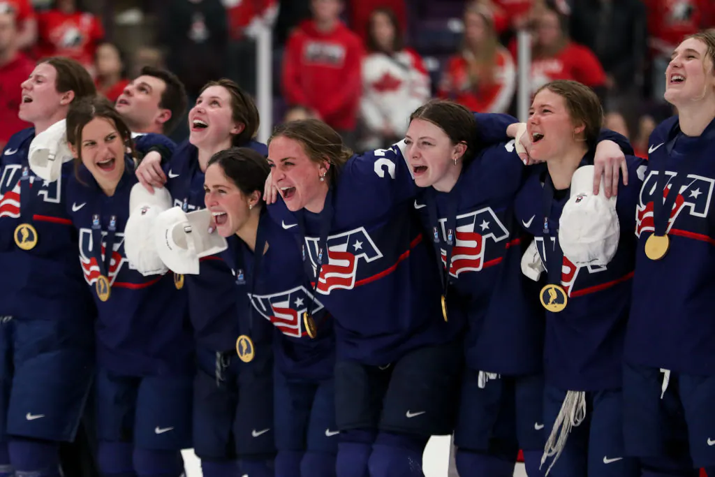 Team USA celebrates the 6–3 win over Canada during the gold medal game of the 2023 IIHF Women's World Championship at CAA Centre in Brampton, Ontario, on April 16, 2023. (Dennis Pajot/Getty Images)