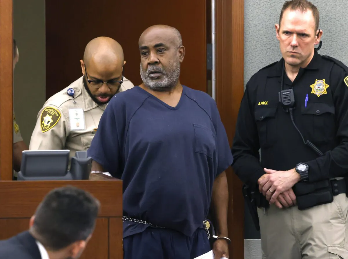 Duane "Keffe D" Davis is led into the courtroom at the Regional Justice Center in Las Vegas  on Oct. 4, 2023. (Bizuayehu Tesfaye/Las Vegas Review-Journal via AP, Pool)