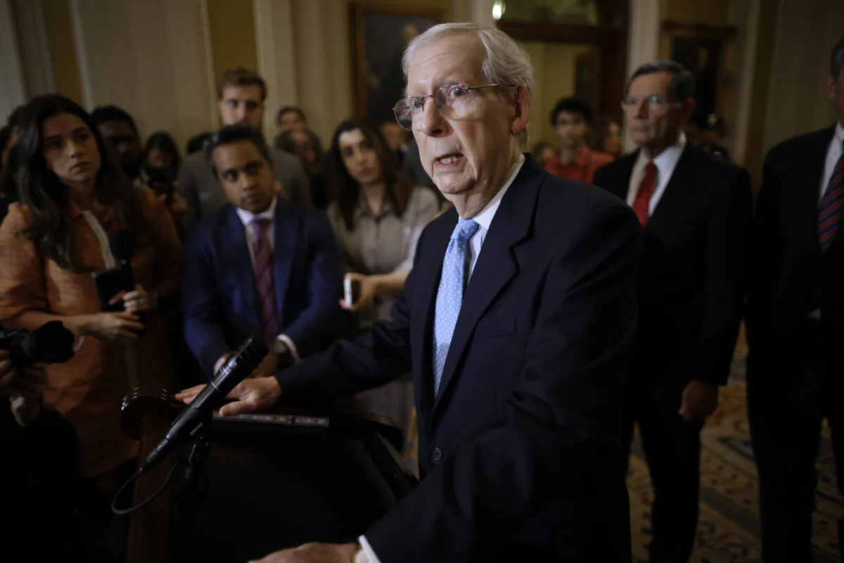 Senate Minority Leader Mitch McConnell (R-Ky.) talks to reporters following the Senate Republican policy luncheon at the U.S. Capitol in Washington on Oct. 4, 2023. (Chip Somodevilla/Getty Images)