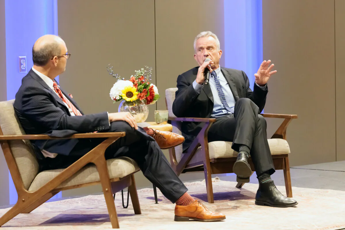 Robert F. Kennedy Jr., answers questions posed by Ron Matis at the Mississippi Civil Rights Museum in Jackson, Mississippi, on Oct. 2, 2023. (Courtesy of Charlotte Stringer Photography)